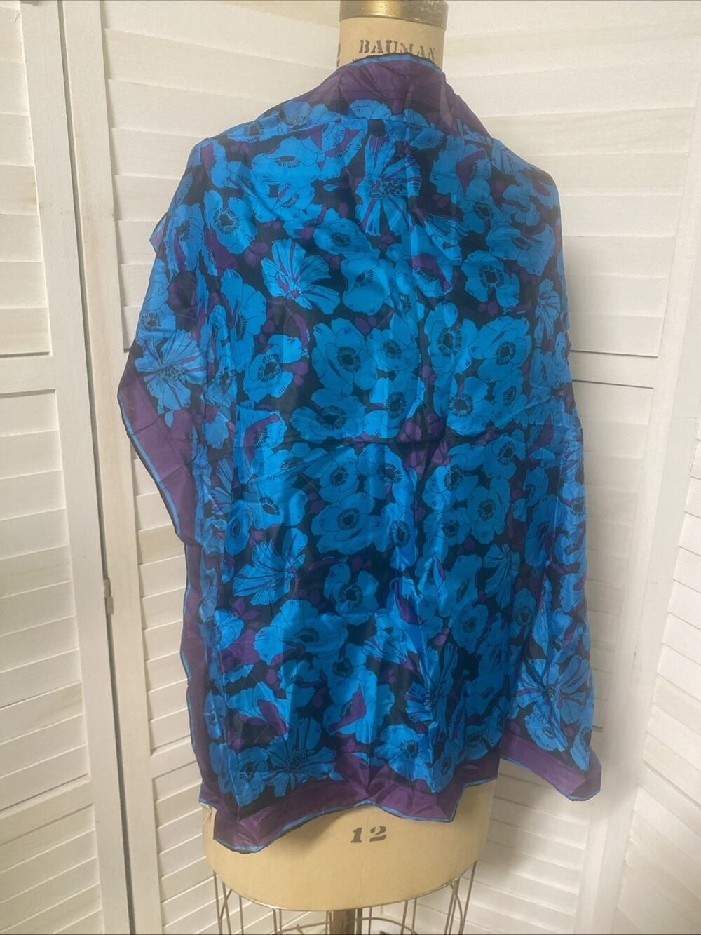80s Silk 28” Square Scarf Blue Purple Black Hand Rolled Hem